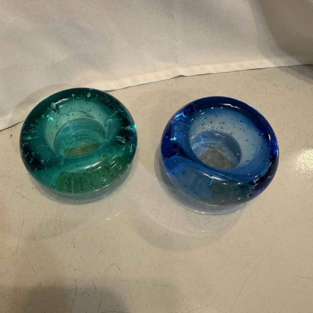 IKEA Bubble Glass Votive Holders Teal Green &‎ Blue Set Of 2